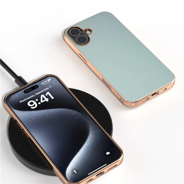 For iPhone 16 Case Electroplating Edge PU Leather Coated TPU+PC Phone Cover