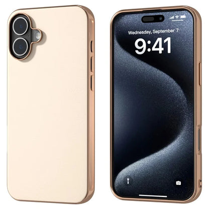 For iPhone 16 Case Electroplating Edge PU Leather Coated TPU+PC Phone Cover