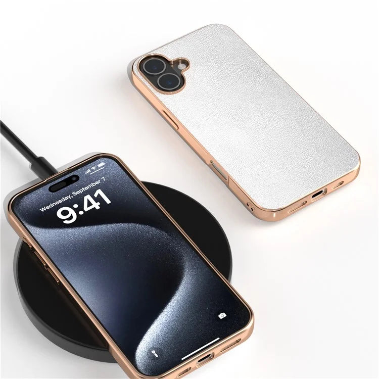 For iPhone 16 Case Electroplating Edge PU Leather Coated TPU+PC Phone Cover