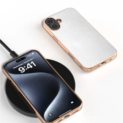 For iPhone 16 Case Electroplating Edge PU Leather Coated TPU+PC Phone Cover