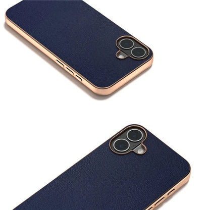 For iPhone 16 Case Electroplating Edge PU Leather Coated TPU+PC Phone Cover