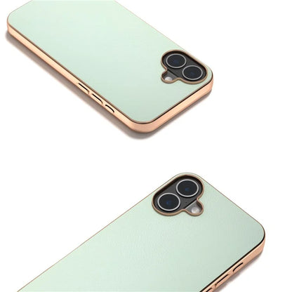 For iPhone 16 Case Electroplating Edge PU Leather Coated TPU+PC Phone Cover