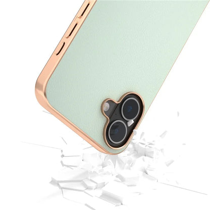 For iPhone 16 Case Electroplating Edge PU Leather Coated TPU+PC Phone Cover
