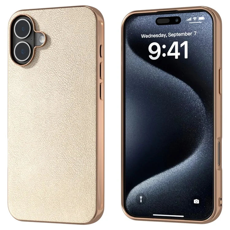 For iPhone 16 Case Electroplating Edge PU Leather Coated TPU+PC Phone Cover