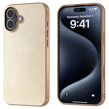 For iPhone 16 Case Electroplating Edge PU Leather Coated TPU+PC Phone Cover