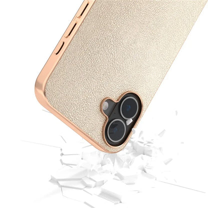 For iPhone 16 Case Electroplating Edge PU Leather Coated TPU+PC Phone Cover