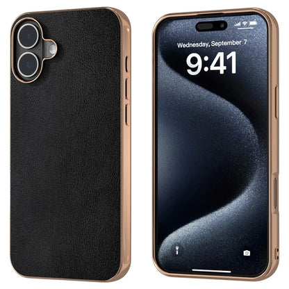 For iPhone 16 Case Electroplating Edge PU Leather Coated TPU+PC Phone Cover