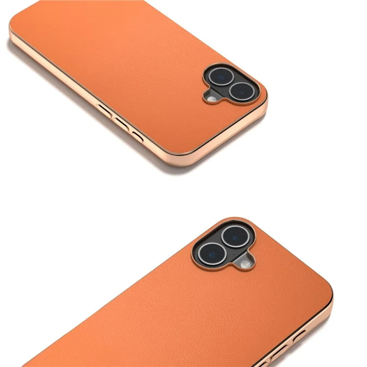 For iPhone 16 Case Electroplating Edge PU Leather Coated TPU+PC Phone Cover