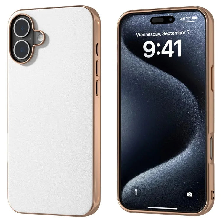 For iPhone 16 Case Electroplating Edge PU Leather Coated TPU+PC Phone Cover