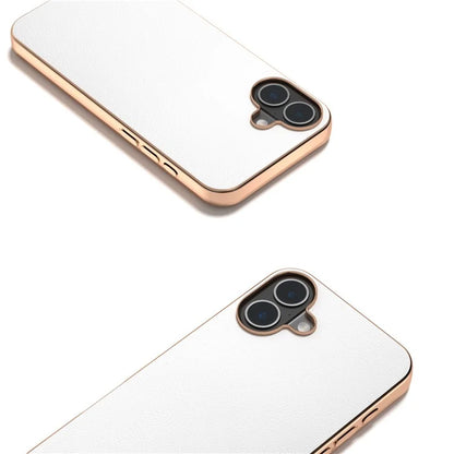 For iPhone 16 Case Electroplating Edge PU Leather Coated TPU+PC Phone Cover