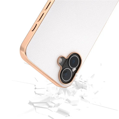 For iPhone 16 Case Electroplating Edge PU Leather Coated TPU+PC Phone Cover