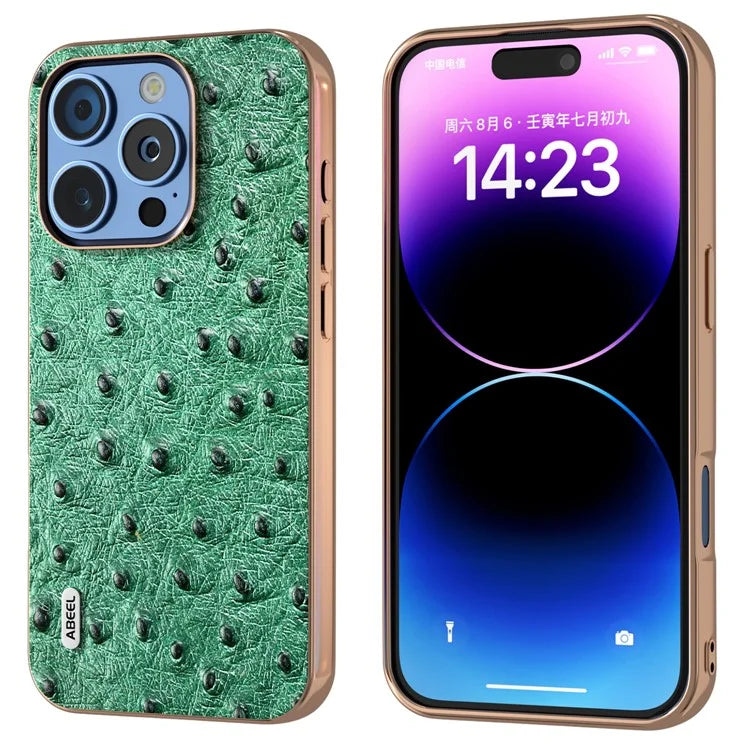 ABEEL For iPhone 16 Pro Max Case Electroplating Edge Ostrich Texture Genuine Cow Leather Back Cover
