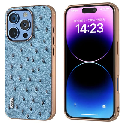 ABEEL For iPhone 16 Pro Max Case Electroplating Edge Ostrich Texture Genuine Cow Leather Back Cover