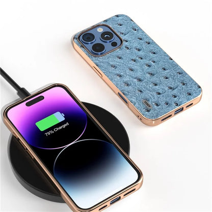 ABEEL For iPhone 16 Pro Max Case Electroplating Edge Ostrich Texture Genuine Cow Leather Back Cover