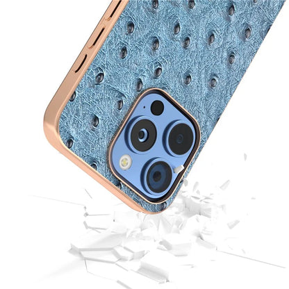 ABEEL For iPhone 16 Pro Max Case Electroplating Edge Ostrich Texture Genuine Cow Leather Back Cover