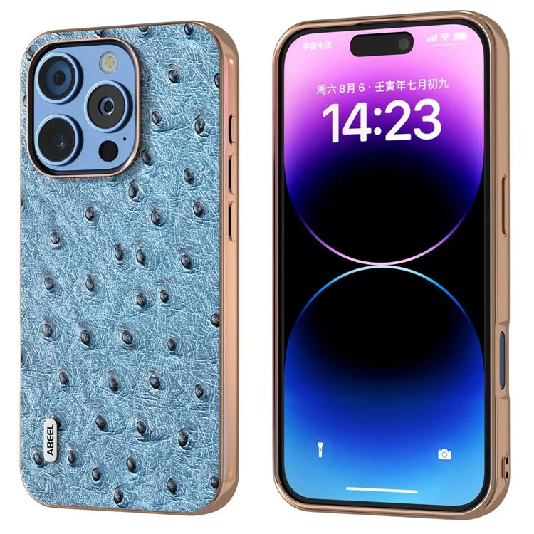 ABEEL For iPhone 16 Pro Case Electroplating Edge Ostrich Texture Genuine Cow Leather Back Cover
