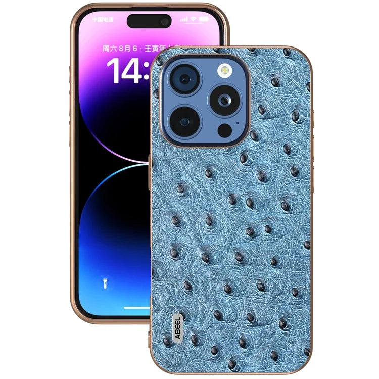 ABEEL For iPhone 16 Pro Case Electroplating Edge Ostrich Texture Genuine Cow Leather Back Cover