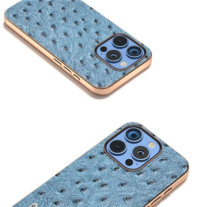 ABEEL For iPhone 16 Pro Case Electroplating Edge Ostrich Texture Genuine Cow Leather Back Cover