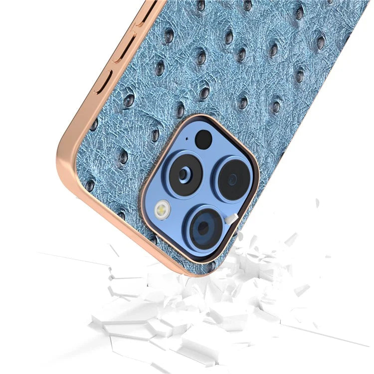 ABEEL For iPhone 16 Pro Case Electroplating Edge Ostrich Texture Genuine Cow Leather Back Cover