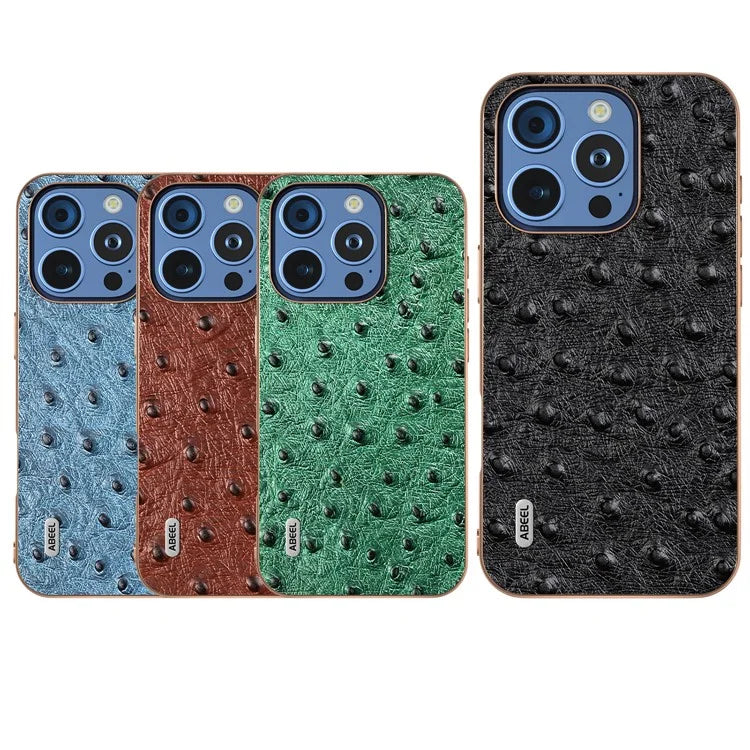 ABEEL For iPhone 16 Pro Case Electroplating Edge Ostrich Texture Genuine Cow Leather Back Cover