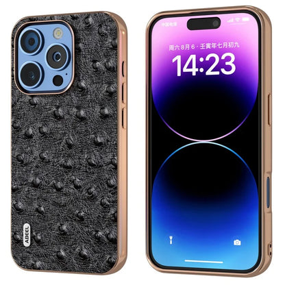 ABEEL For iPhone 16 Pro Case Electroplating Edge Ostrich Texture Genuine Cow Leather Back Cover