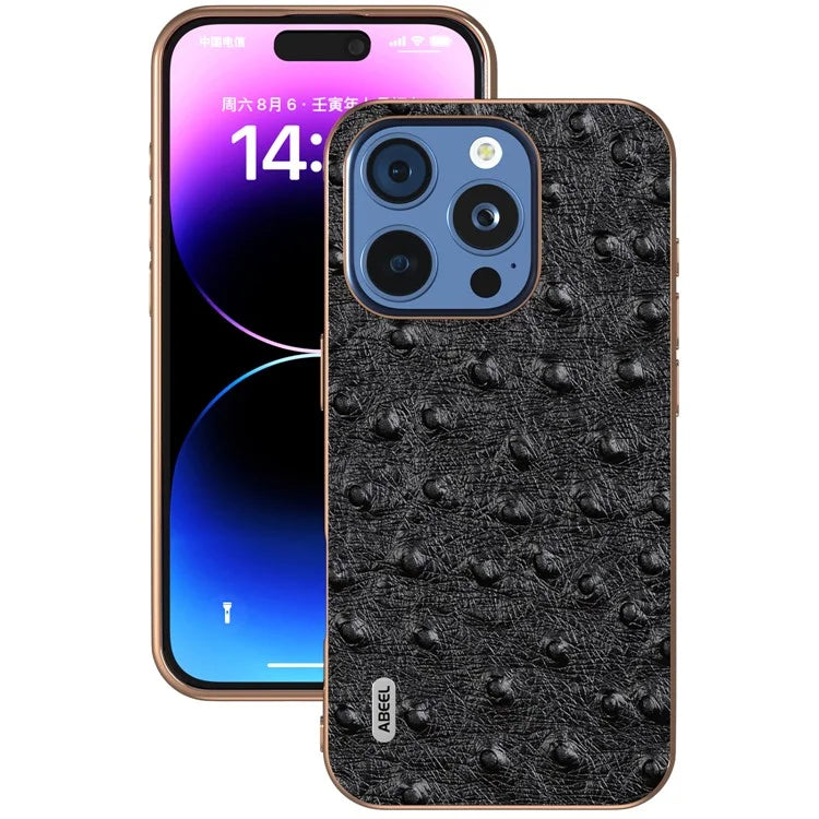 ABEEL For iPhone 16 Pro Case Electroplating Edge Ostrich Texture Genuine Cow Leather Back Cover