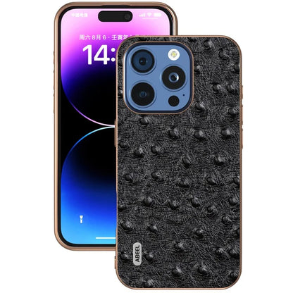 ABEEL For iPhone 16 Pro Case Electroplating Edge Ostrich Texture Genuine Cow Leather Back Cover