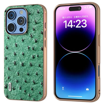 ABEEL For iPhone 16 Pro Case Electroplating Edge Ostrich Texture Genuine Cow Leather Back Cover