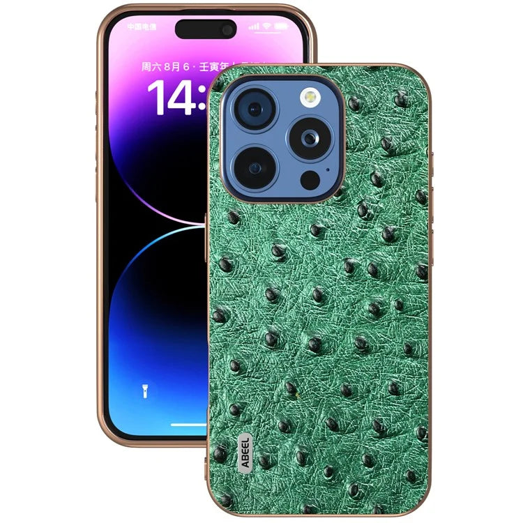 ABEEL For iPhone 16 Pro Case Electroplating Edge Ostrich Texture Genuine Cow Leather Back Cover