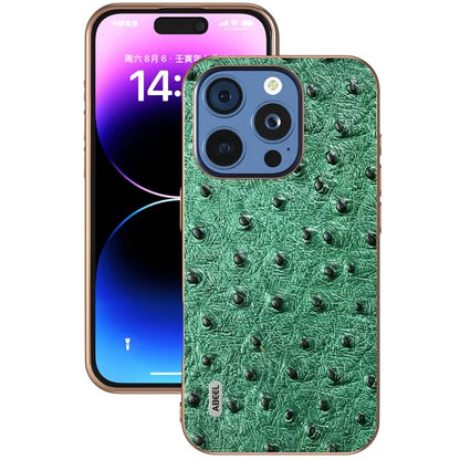 ABEEL For iPhone 16 Pro Case Electroplating Edge Ostrich Texture Genuine Cow Leather Back Cover