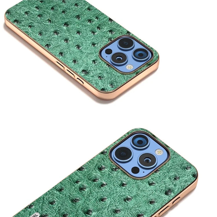 ABEEL For iPhone 16 Pro Case Electroplating Edge Ostrich Texture Genuine Cow Leather Back Cover