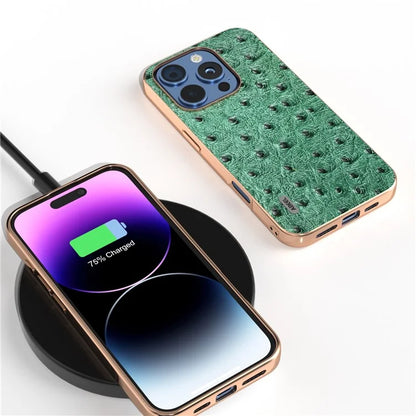 ABEEL For iPhone 16 Pro Case Electroplating Edge Ostrich Texture Genuine Cow Leather Back Cover