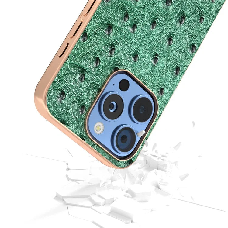 ABEEL For iPhone 16 Pro Case Electroplating Edge Ostrich Texture Genuine Cow Leather Back Cover