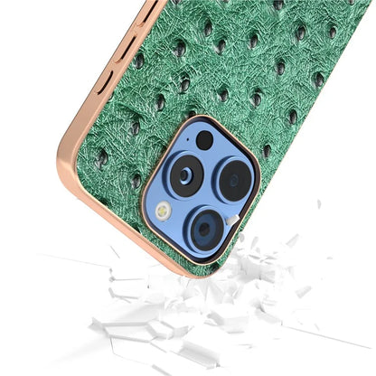 ABEEL For iPhone 16 Pro Case Electroplating Edge Ostrich Texture Genuine Cow Leather Back Cover