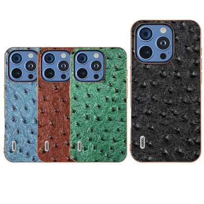 ABEEL For iPhone 16 Pro Case Electroplating Edge Ostrich Texture Genuine Cow Leather Back Cover