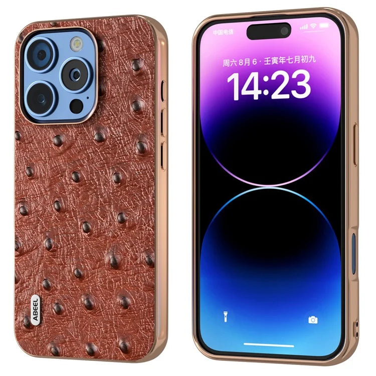 ABEEL For iPhone 16 Pro Case Electroplating Edge Ostrich Texture Genuine Cow Leather Back Cover