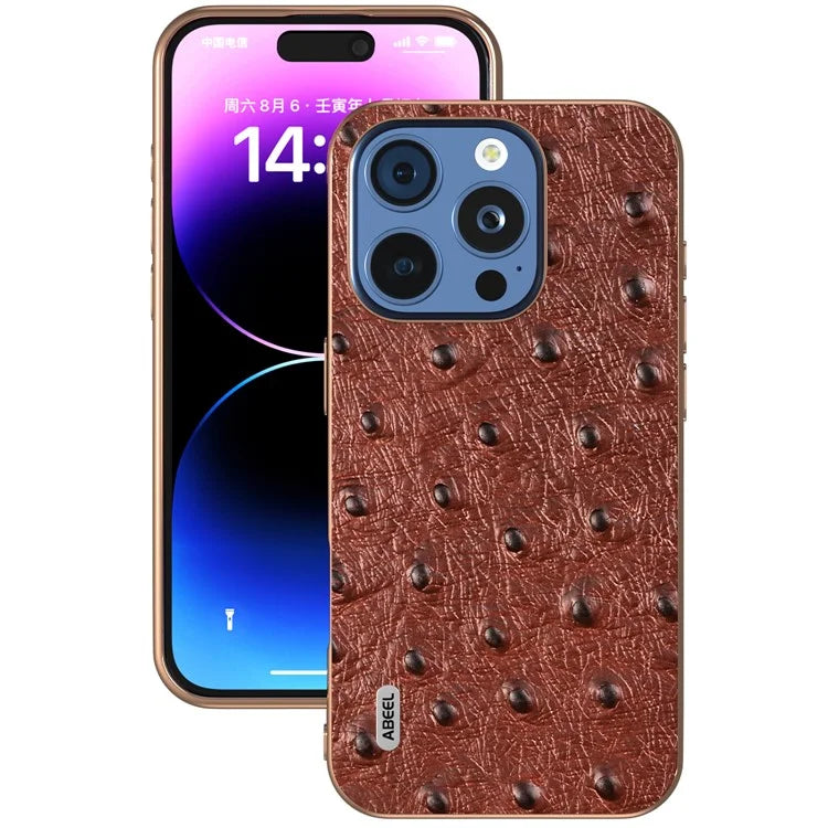 ABEEL For iPhone 16 Pro Case Electroplating Edge Ostrich Texture Genuine Cow Leather Back Cover