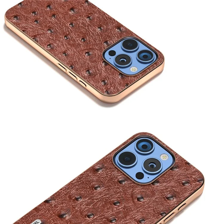 ABEEL For iPhone 16 Pro Case Electroplating Edge Ostrich Texture Genuine Cow Leather Back Cover