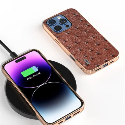 ABEEL For iPhone 16 Pro Case Electroplating Edge Ostrich Texture Genuine Cow Leather Back Cover