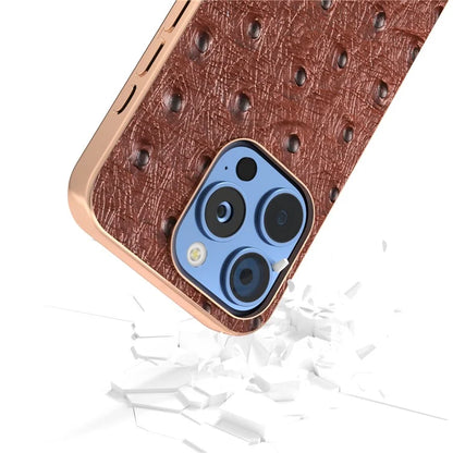 ABEEL For iPhone 16 Pro Case Electroplating Edge Ostrich Texture Genuine Cow Leather Back Cover