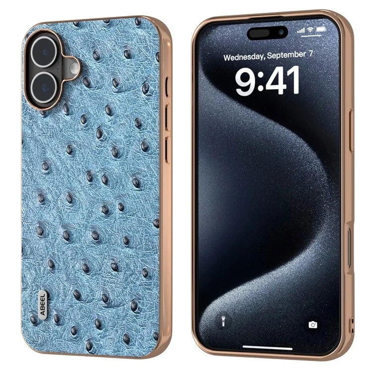 ABEEL For iPhone 16 Plus Case Electroplating Edge Ostrich Texture Genuine Cow Leather Back Cover