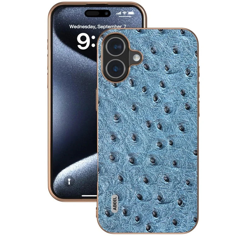 ABEEL For iPhone 16 Plus Case Electroplating Edge Ostrich Texture Genuine Cow Leather Back Cover
