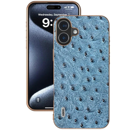 ABEEL For iPhone 16 Plus Case Electroplating Edge Ostrich Texture Genuine Cow Leather Back Cover
