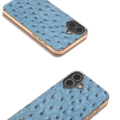 ABEEL For iPhone 16 Plus Case Electroplating Edge Ostrich Texture Genuine Cow Leather Back Cover