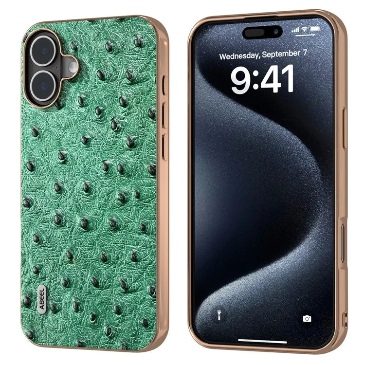 ABEEL For iPhone 16 Plus Case Electroplating Edge Ostrich Texture Genuine Cow Leather Back Cover