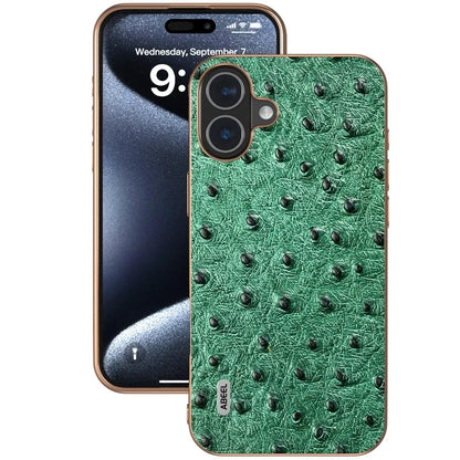 ABEEL For iPhone 16 Plus Case Electroplating Edge Ostrich Texture Genuine Cow Leather Back Cover