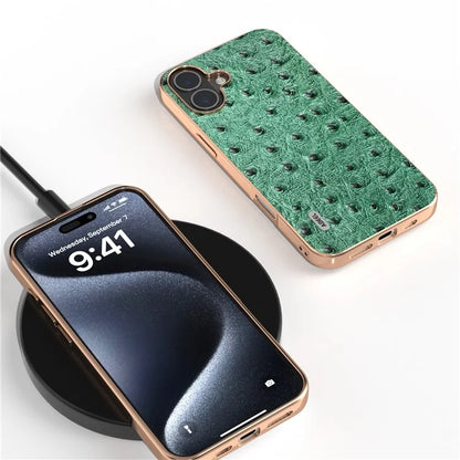 ABEEL For iPhone 16 Plus Case Electroplating Edge Ostrich Texture Genuine Cow Leather Back Cover