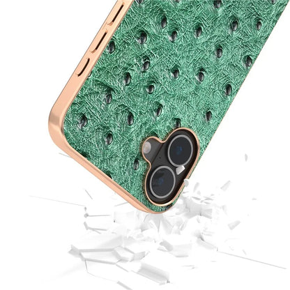 ABEEL For iPhone 16 Plus Case Electroplating Edge Ostrich Texture Genuine Cow Leather Back Cover