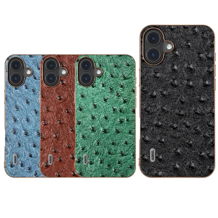 ABEEL For iPhone 16 Plus Case Electroplating Edge Ostrich Texture Genuine Cow Leather Back Cover