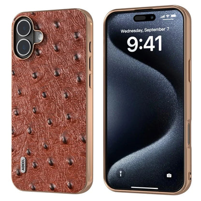 ABEEL For iPhone 16 Plus Case Electroplating Edge Ostrich Texture Genuine Cow Leather Back Cover